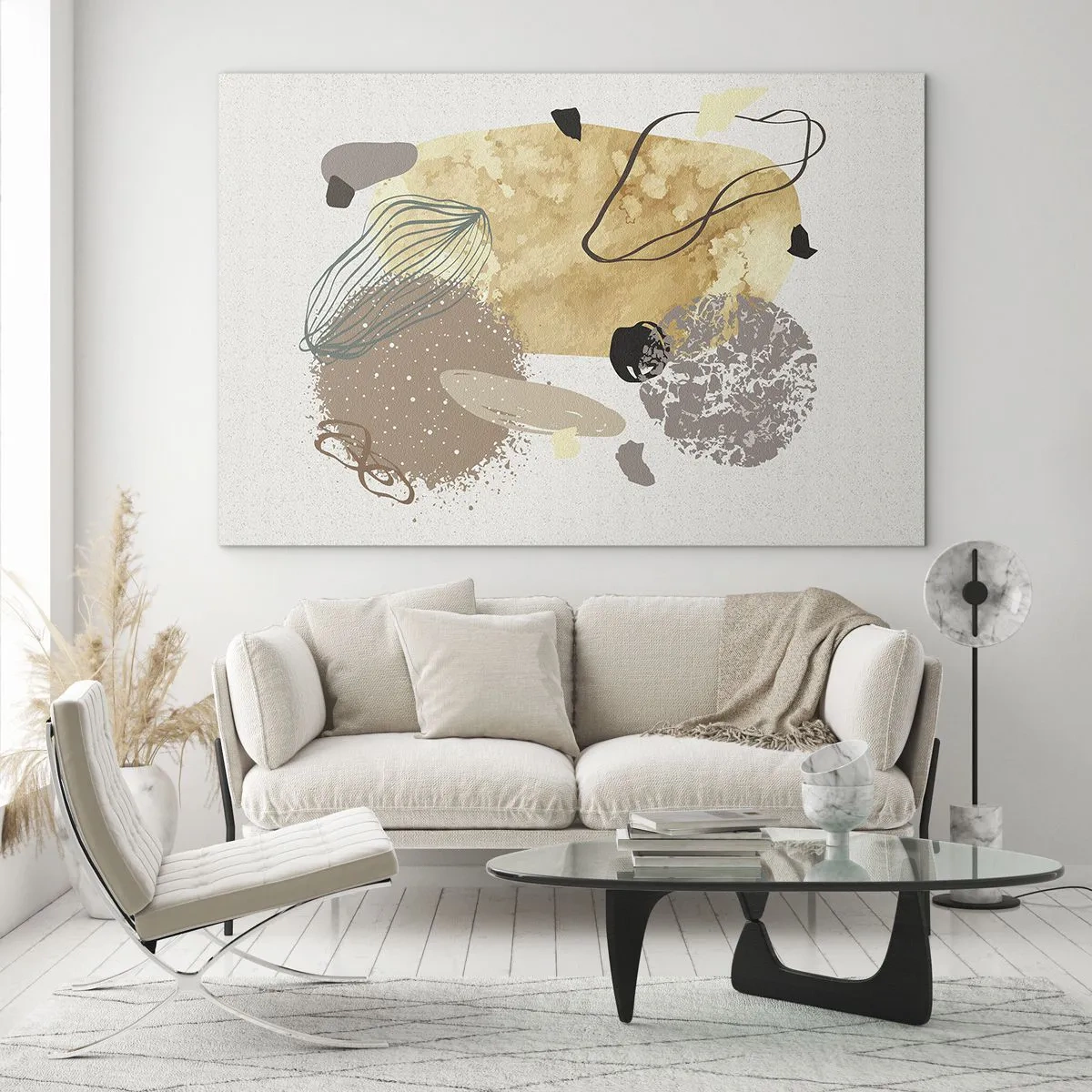 Schilderen op glas - Beige en bruine abstractie met onregelmatige vormen - 70x50cm - Toegepaste plumcologie - Moderne wanddecoratie voor woonkamer en slaapkamer ARTTOR