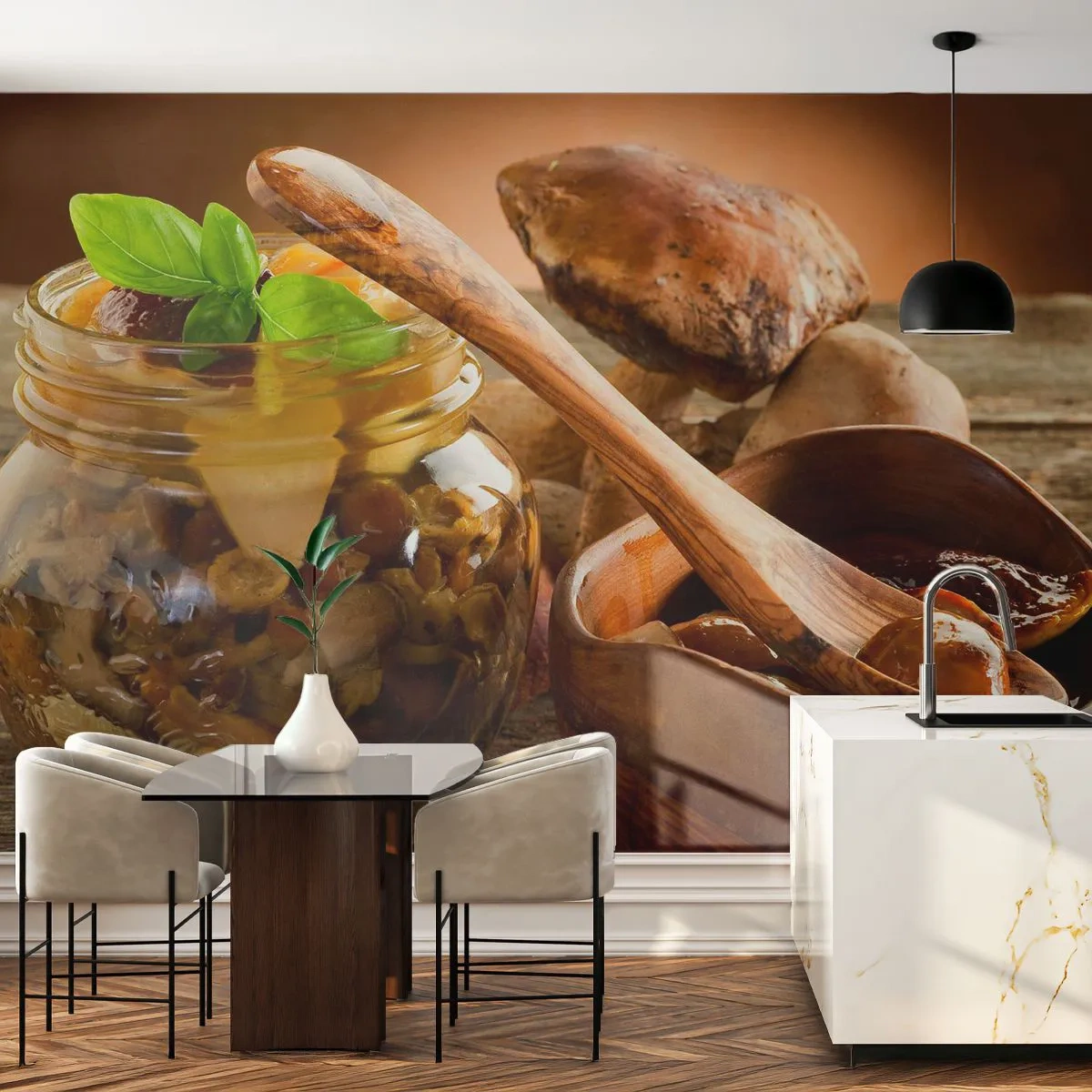 Zelfklevend Fotobehang Deluxe Sticker - Of het nu vers of gezouten is, of in het herfstseizoen ... - Gastronomie, Paddestoelen, Keuken - 250x175 cm