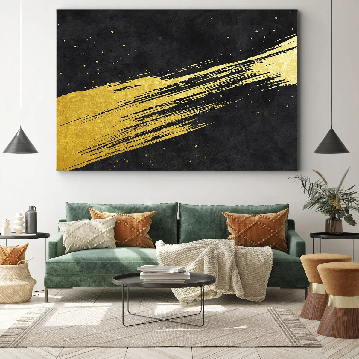 Schilderen op canvas - Zwarte achtergrond met dynamische gouden penseelstreken - 70x50cm - Spring in hyperruimte - Moderne wanddecoratie voor woonkamer en slaapkamer ARTTOR