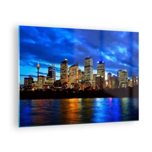 Schilderen op glas - Panorama van de nachtelijke stad weerspiegeld in het water - 70x50cm - Een nacht van licht en kleuren - Moderne wanddecoratie voor woonkamer en slaapkamer ARTTOR