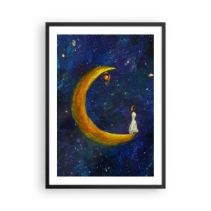 Poster in een zwarte lijst - Een figuur op een gouden maan tegen een nachtelijke hemel met sterren - 50x70cm - De roep van de wereld - Moderne wanddecoratie voor woonkamer en slaapkamer ARTTOR