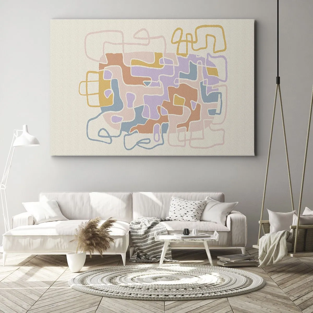 Schilderen op canvas - Pastelkleurige abstracte lijnen die geometrische patronen creëren - 70x50cm - Labyrint – een vreugdevol avontuur - Moderne wanddecoratie voor woonkamer en slaapkamer ARTTOR