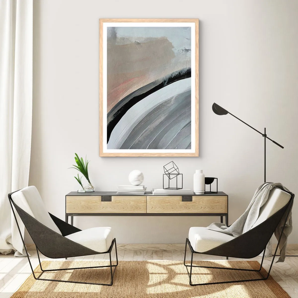 Een poster in een licht eiken lijst - Compositie: boog van zwart en grijs - 40x50 cm