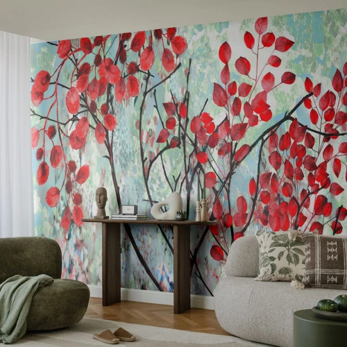 Zelfklevend Fotobehang Deluxe Sticker - Boom in scharlaken - Abstractie, Rode bladeren, Tak - 200x140 cm
