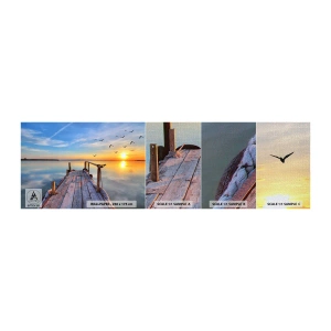 Fotobehang Monster Premium Canvas - Loop recht naar de zon - Landschap, Meer, Houten brug - 100x30 cm