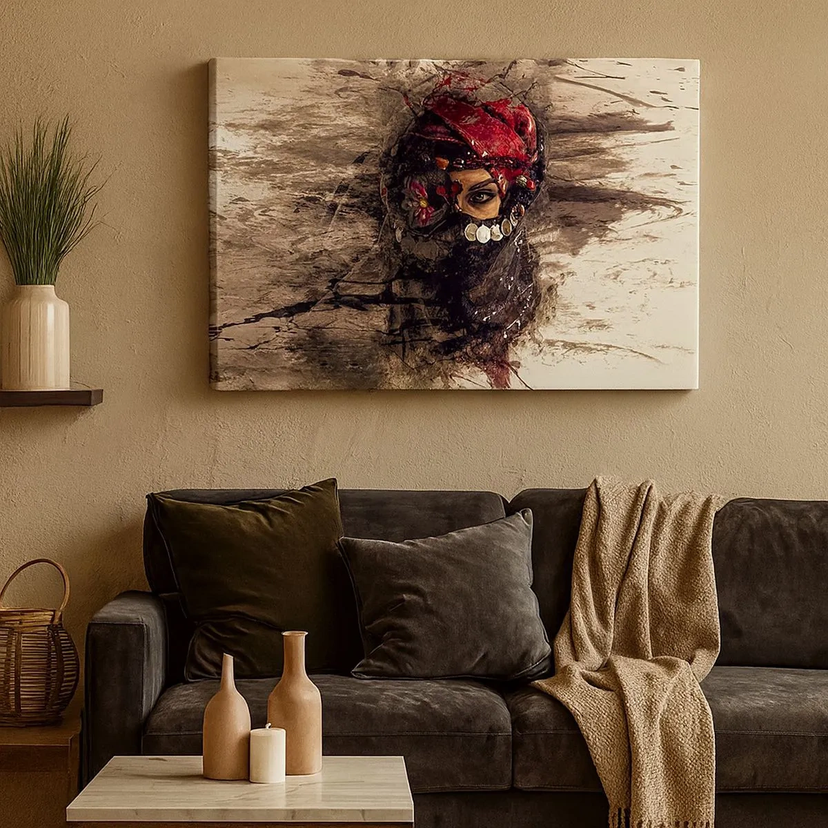 Schilderen op canvas - Artistiek portret van een vrouw in oosterse kledij tegen een abstracte achtergrond. - 70x50cm - Op zijn zachtst gezegd verontrustend - Moderne wanddecoratie voor woonkamer en slaapkamer ARTTOR