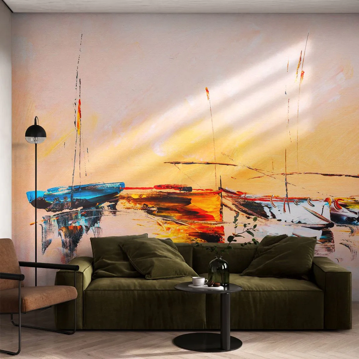 Fotobehang Premium Canvas - Avond in de jachthaven - Boten, Zeilboten, Deel - 450x315 cm