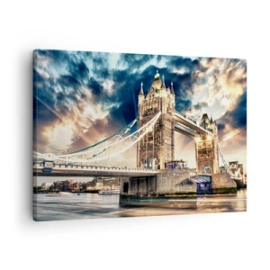 Schilderen op canvas - Tower Bridge bij schemering tegen een dynamische lucht - 70x50cm - Victoriaans rijksmonument - Moderne wanddecoratie voor woonkamer en slaapkamer ARTTOR