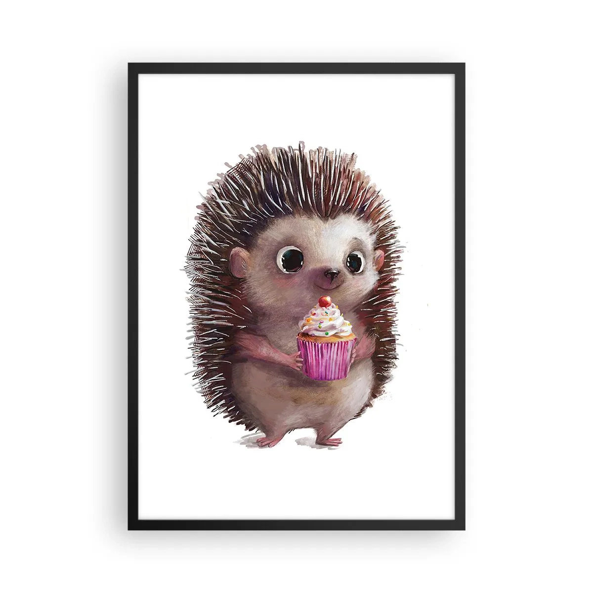 Poster in een zwarte lijst - Een schattige egel die een kleurrijke cupcake vasthoudt - 50x70cm - De vakantie is elke dag - Moderne wanddecoratie voor woonkamer en slaapkamer ARTTOR
