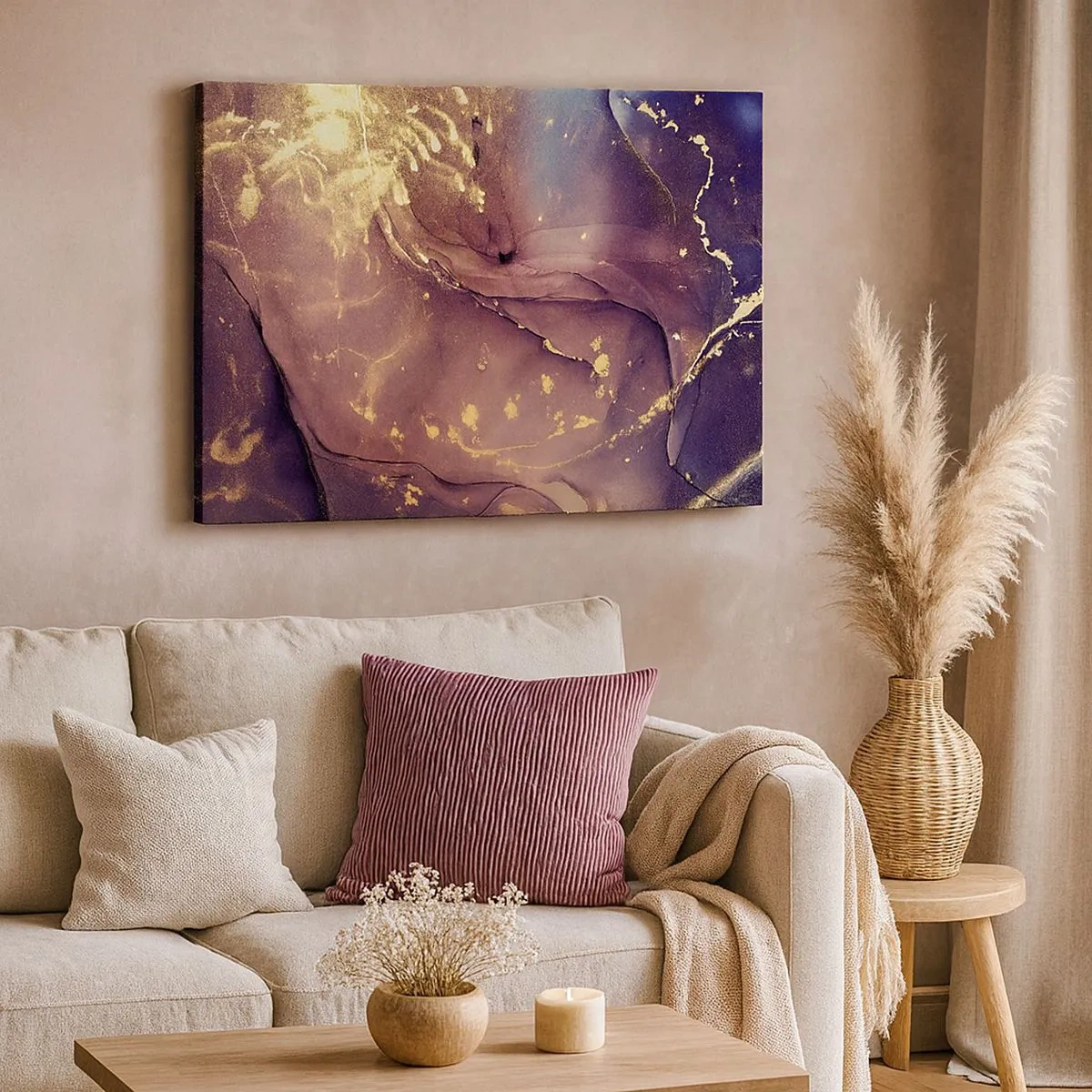 Schilderen op canvas - Abstracte compositie met tinten goud en paars - 70x50cm - Materie en geest - Moderne wanddecoratie voor woonkamer en slaapkamer ARTTOR