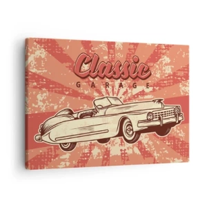 Schilderen op canvas - Retroposter met een klassieke auto en de tekst Classic Garage - 70x50cm - En op de radio, Elvis - Moderne wanddecoratie voor woonkamer en slaapkamer ARTTOR
