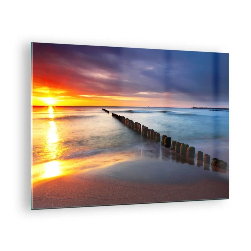 Schilderen op glas - Zonsondergang boven de zee met houten golfbrekers - 70x50cm - Luister naar de stilte - Moderne wanddecoratie voor woonkamer en slaapkamer ARTTOR