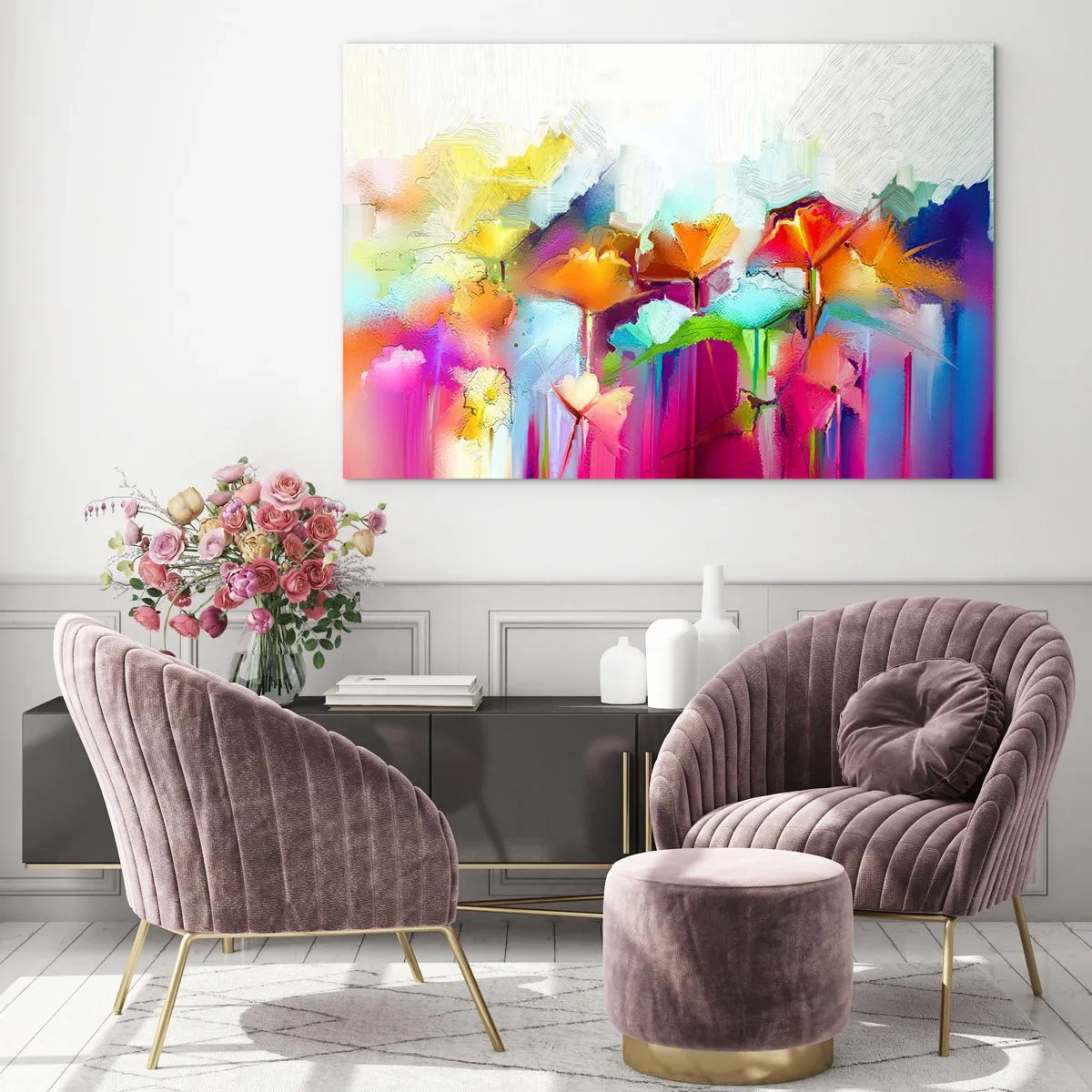 Schilderen op glas - Abstracte bloemen in intense regenboogkleuren - 70x50cm - De regenboog is tot bloei gekomen - Moderne wanddecoratie voor woonkamer en slaapkamer ARTTOR