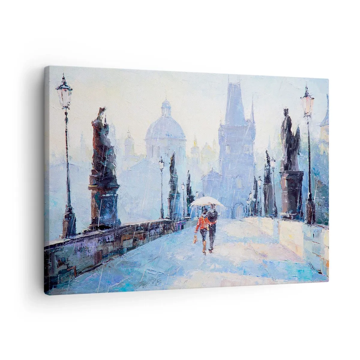 Schilderen op canvas - Romantisch stel op een brug in de regen, een schilderachtig tafereel - 70x50cm - De regen moet ons gecharmeerd hebben - Moderne wanddecoratie voor woonkamer en slaapkamer ARTTOR