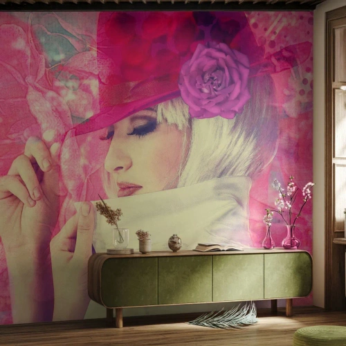 Zelfklevend Fotobehang Deluxe Sticker - Retro portret in een roze mist - Vrouw In Een Hoed, Bloemen, Mode - 250x175 cm