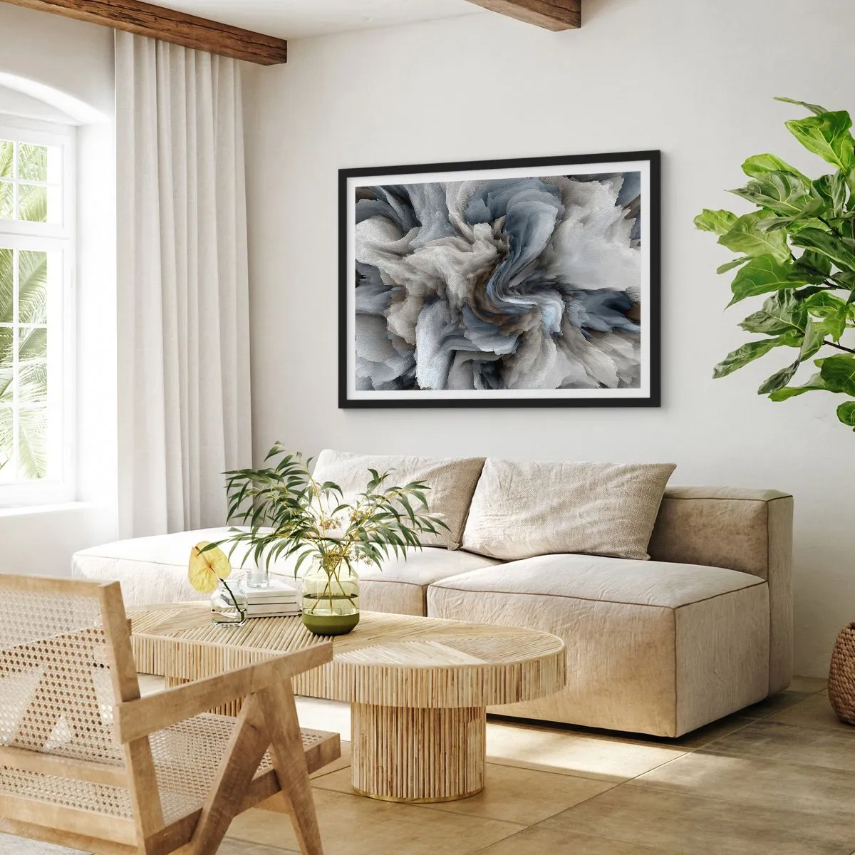 Poster in een zwarte lijst - Steen en bloem - 70x50 cm