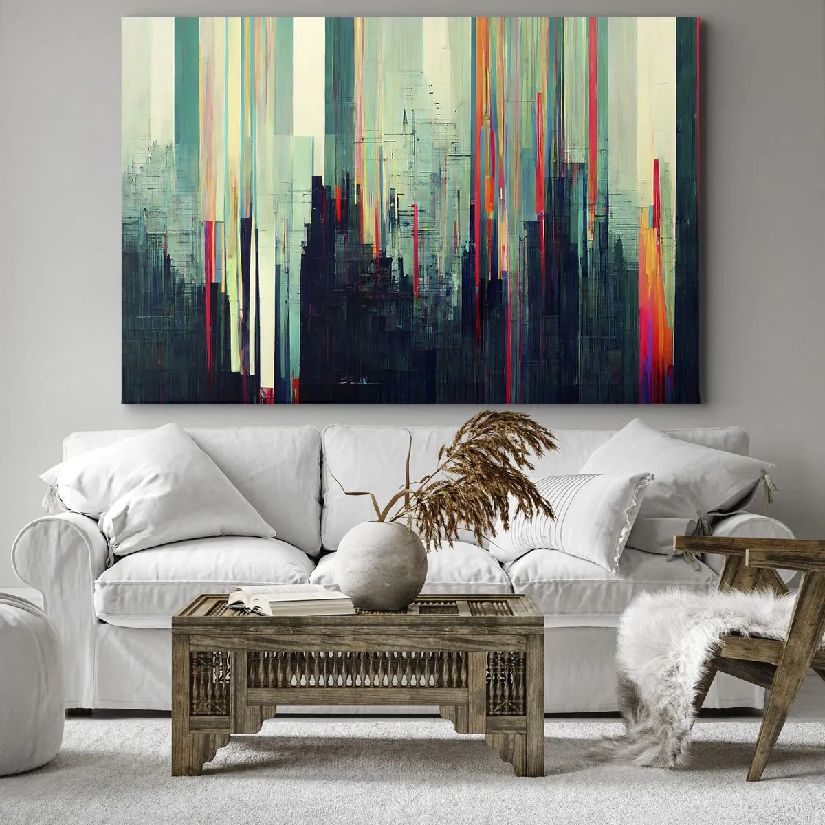 Schilderen op canvas - Abstractie met verticale lijnen en een stadsgezicht - 70x50cm - Futuristische stad - Moderne wanddecoratie voor woonkamer en slaapkamer ARTTOR