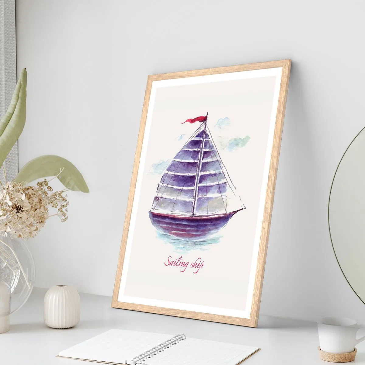 Een poster in een licht eiken lijst - Volle zeilen en rustig water - 70x100 cm