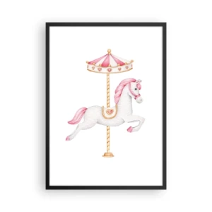 Poster in een zwarte lijst - Een charmant wit paard op een draaimolen in pastelkleuren - 50x70cm - Hij raakte de grond rennend - Moderne wanddecoratie voor woonkamer en slaapkamer ARTTOR