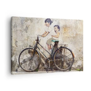 Schilderen op canvas - Straatkunst met een fiets en kindertekeningen aan de muur - 70x50cm - Waar of niet waar? - Moderne wanddecoratie voor woonkamer en slaapkamer ARTTOR