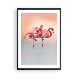Poster in een zwarte lijst - Flamingo's tegen een pastelkleurige zonsondergangachtergrond - 50x70cm - De kleur van de ondergaande zon - Moderne wanddecoratie voor woonkamer en slaapkamer ARTTOR