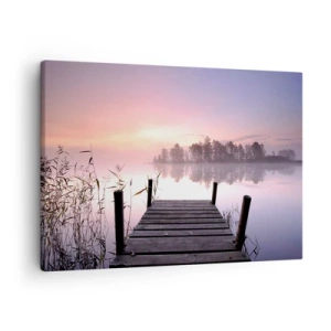 Schilderen op canvas - Een steiger aan het meer bij zonsopgang met mist en een pastelkleurige lucht - 70x50cm - Van de lila mist... - Moderne wanddecoratie voor woonkamer en slaapkamer ARTTOR