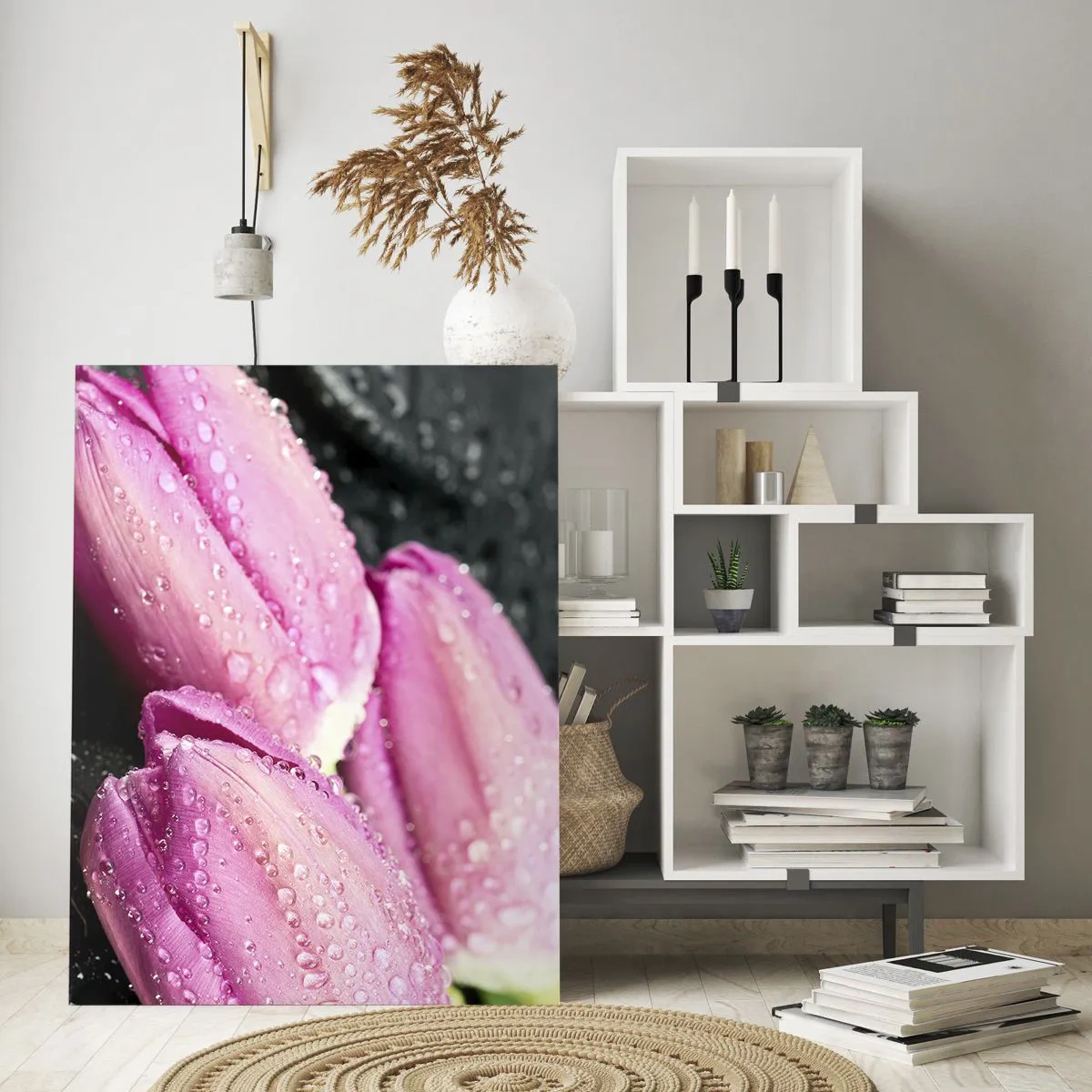 Schilderen op glas - Lila drie op een zwarte steen - 50x70 cm
