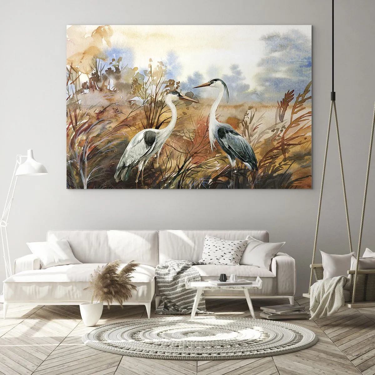 Schilderen op glas - Twee kraanvogels in een herfstlandschap geschilderd met waterverf - 70x50cm - Waarheen in de herfst? - Moderne wanddecoratie voor woonkamer en slaapkamer ARTTOR