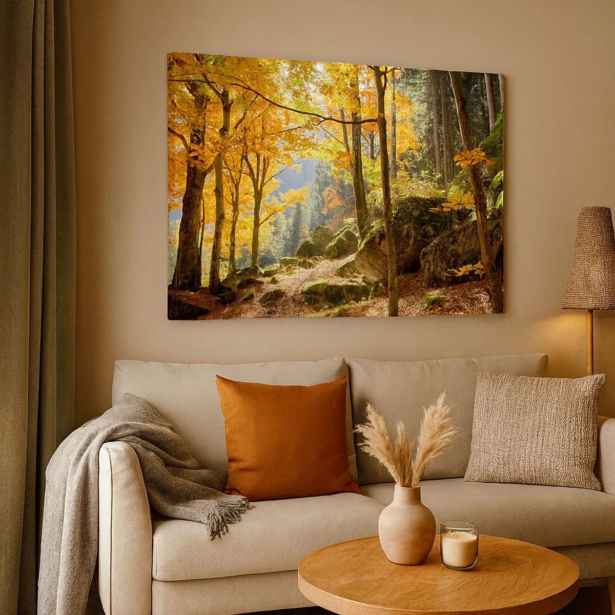 Schilderen op canvas - Een herfstbos vol gouden bladeren en zonlicht - 70x50cm - Tijd om te ontspannen - Moderne wanddecoratie voor woonkamer en slaapkamer ARTTOR