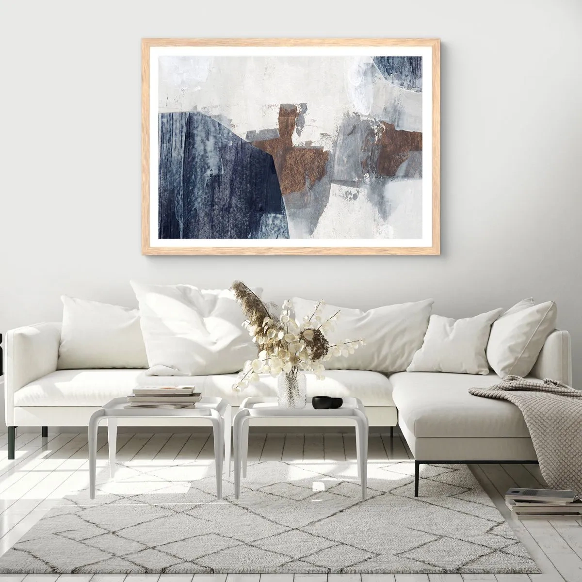 Een poster in een licht eiken lijst - Blauwe en bruine vormen - 40x30 cm