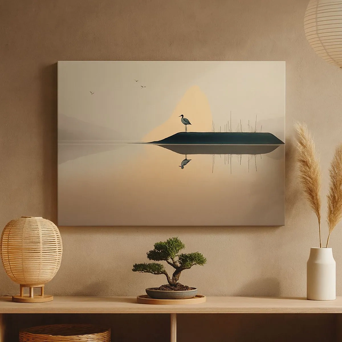 Schilderen op canvas - Een vogel op een eiland in een kalm meer met warme tinten - 70x50cm - Heer op het meer - Moderne wanddecoratie voor woonkamer en slaapkamer ARTTOR