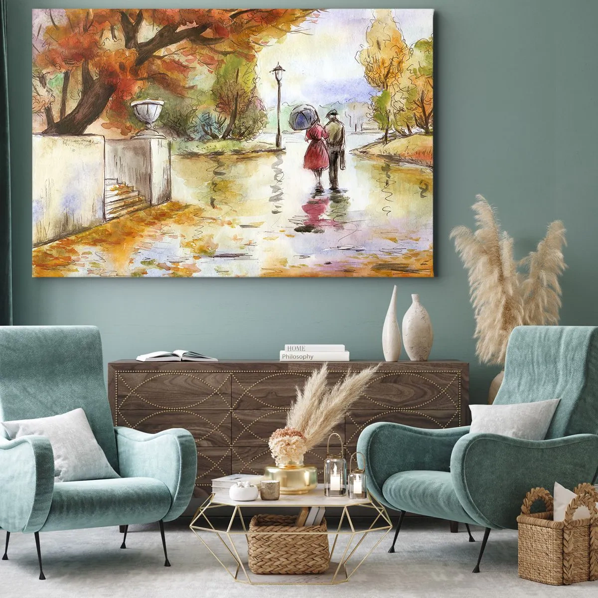 Schilderen op canvas - Romantische herfst in het park - 120x80 cm