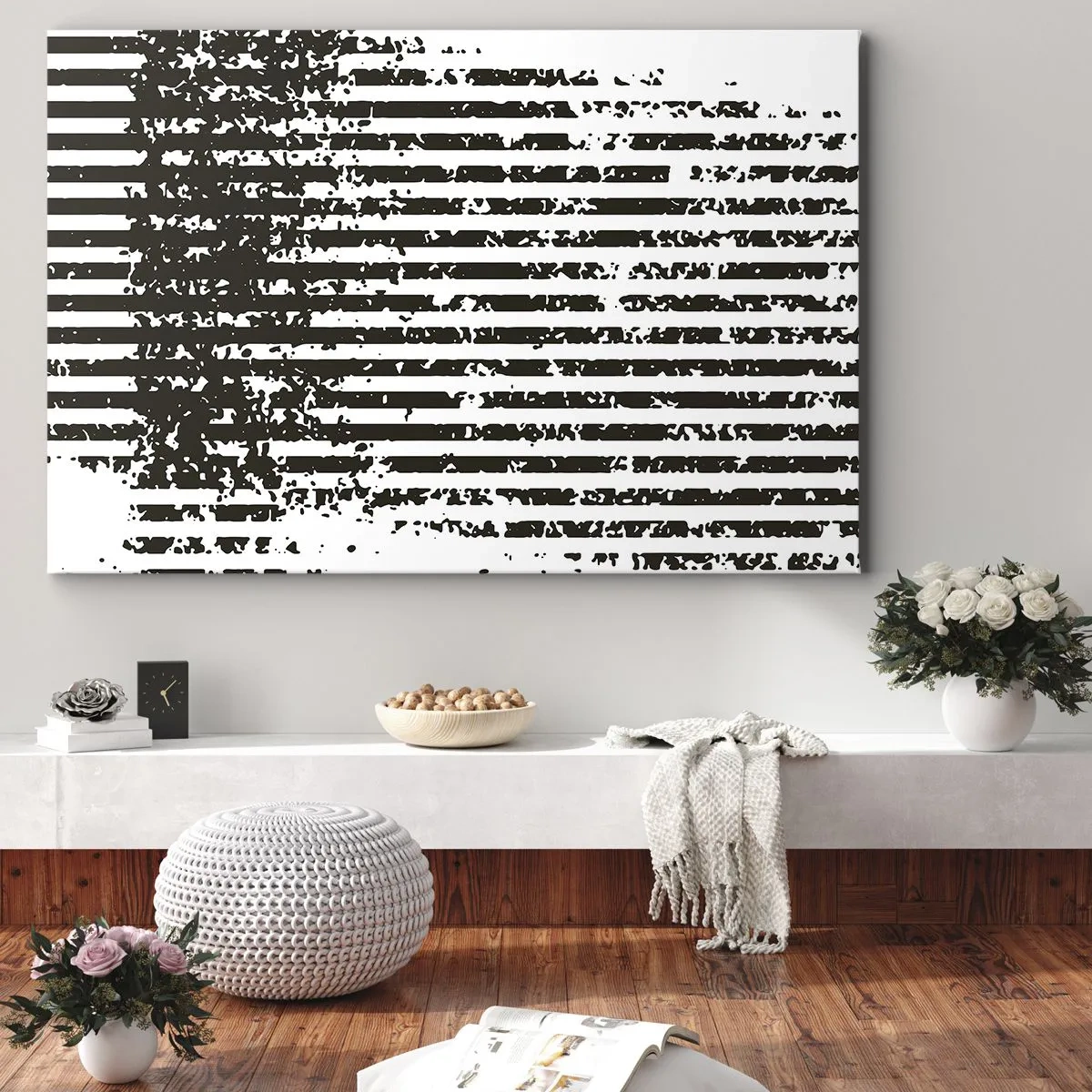 Schilderen op canvas - Abstracte lijnen met een verweerd effect in zwart-wit - 70x50cm - Ritme en ruis - Moderne wanddecoratie voor woonkamer en slaapkamer ARTTOR