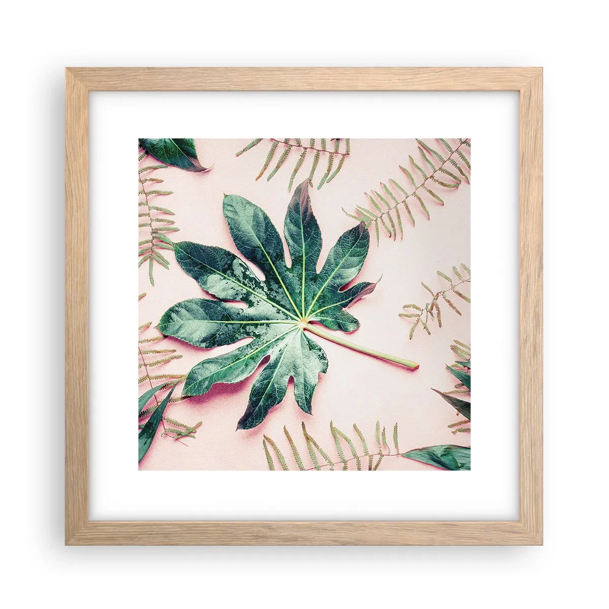 Een poster in een licht eiken lijst - Een studie van groen op een roze achtergrond - 30x30 cm