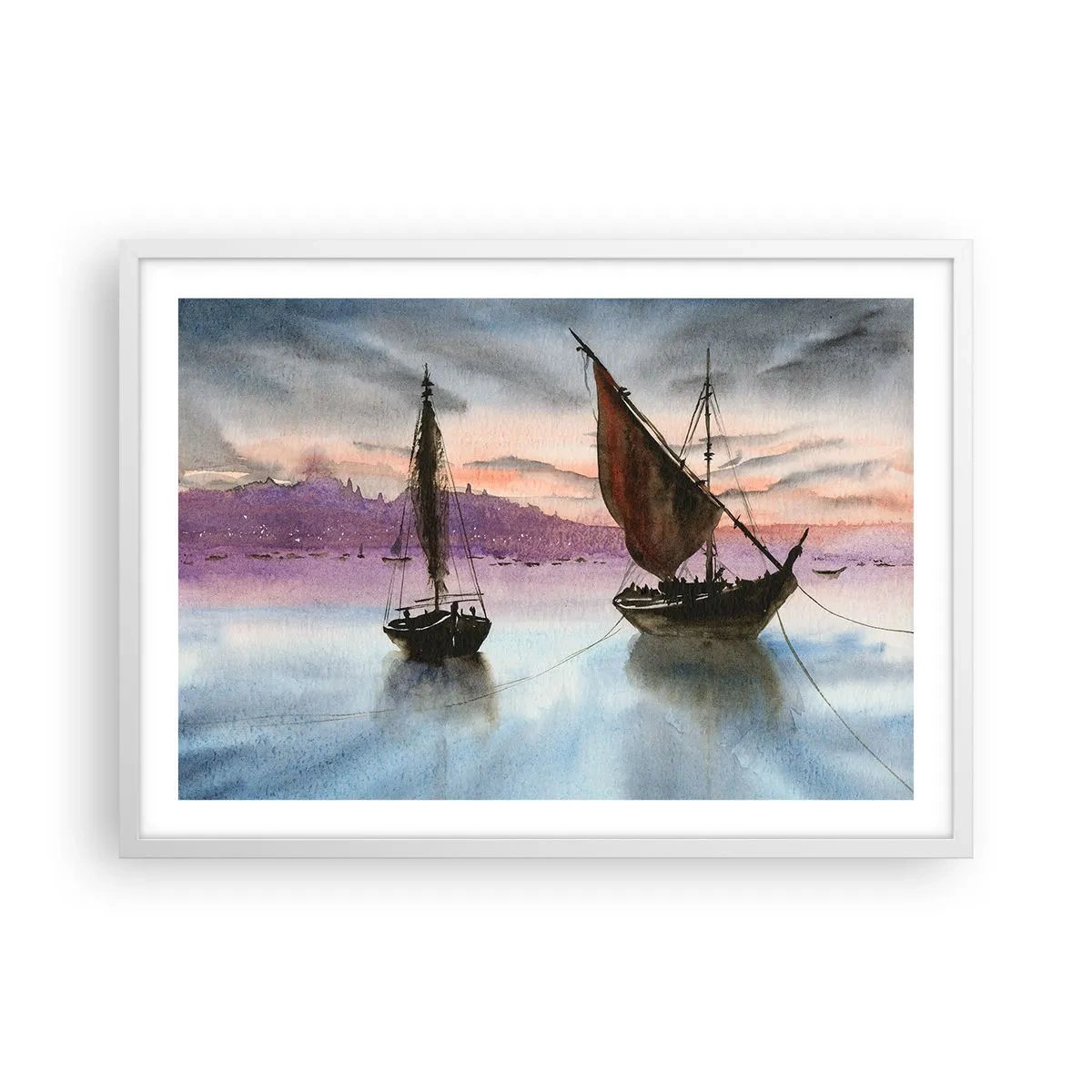Poster in een witte lijst - Avond in de haven - 70x50 cm