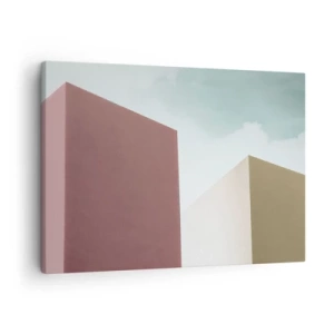 Schilderen op canvas - Minimalistische architectuur met pastelkleurige blokken en lucht - 70x50cm - De geometrie van een zonnige zomer - Moderne wanddecoratie voor woonkamer en slaapkamer ARTTOR