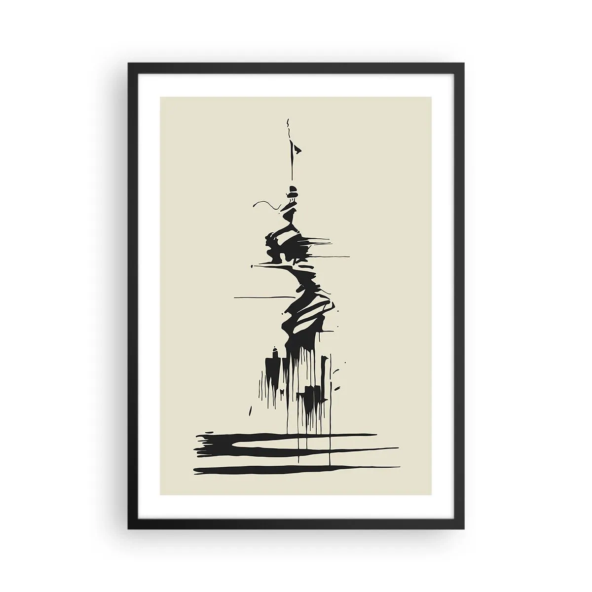 Poster in een zwarte lijst - Een abstracte tekening van een figuur tegen een golvende achtergrond. - 50x70cm - Overhaaste abstractie - Moderne wanddecoratie voor woonkamer en slaapkamer ARTTOR