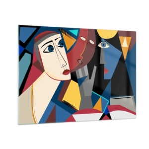 Schilderen op glas - Kubistische gezichten in intense kleuren - 70x50cm - Een gesprek tussen kubisten - Moderne wanddecoratie voor woonkamer en slaapkamer ARTTOR