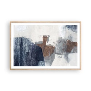 Een poster in een licht eiken lijst - Blauwe en bruine vormen - 91x61 cm