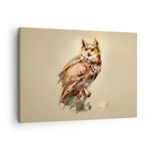 Schilderen op canvas - Artistiek portret van een uil tegen een lichte achtergrond in warme tinten. - 70x50cm - De slimste uil - zal het eikenbos bevestigen - Moderne wanddecoratie voor woonkamer en slaapkamer ARTTOR