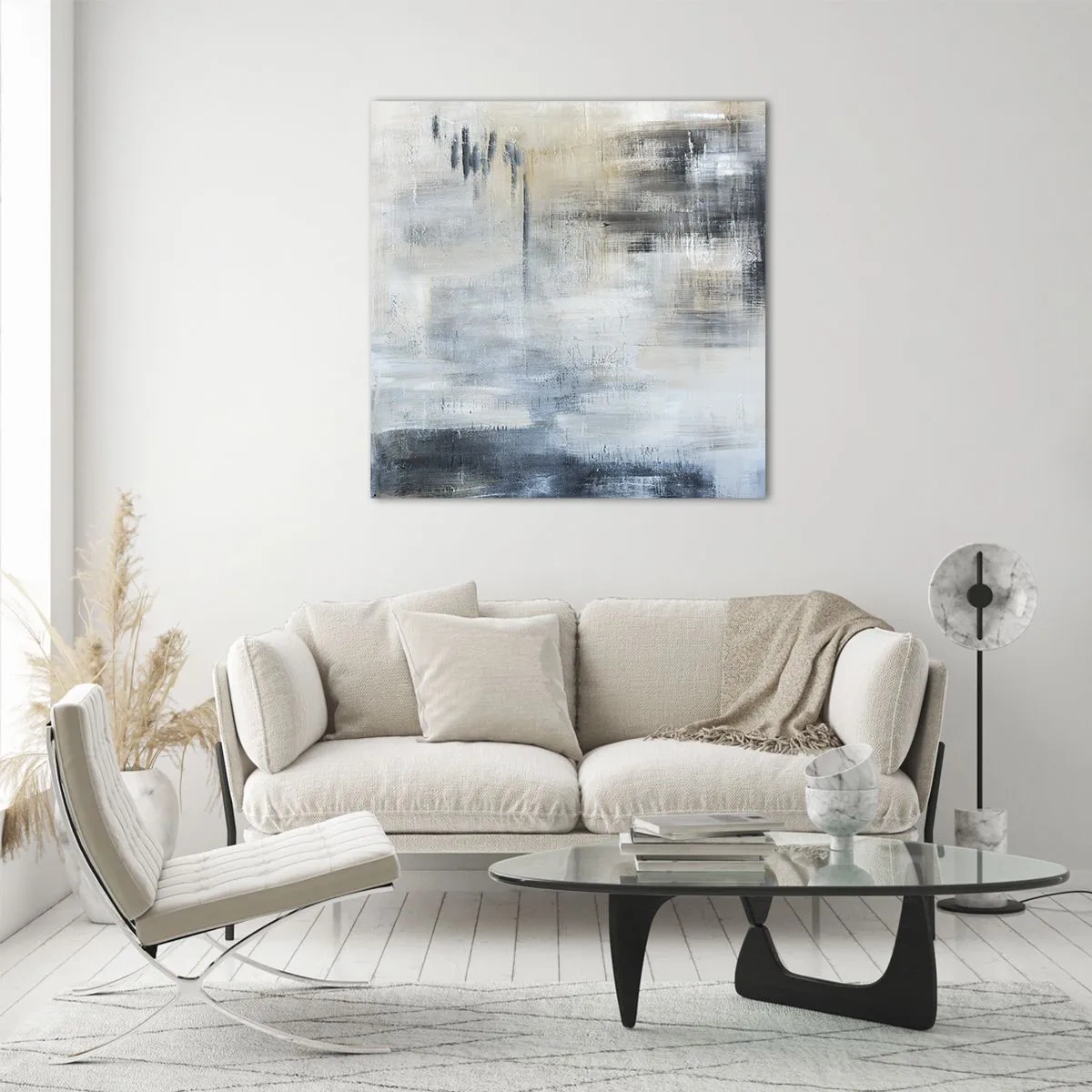Schilderen op glas - Achter het blauwe gordijn - 60x60 cm
