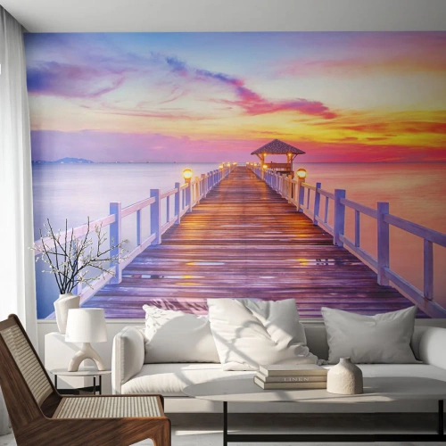 Zelfklevend Fotobehang Deluxe Sticker - De lila-gouden stilte van de avond - Landschap, Zee, Baai - 100x70 cm