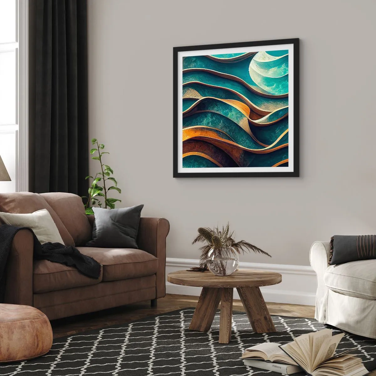 Poster in een zwarte lijst - Meanders van blauw - 30x30 cm