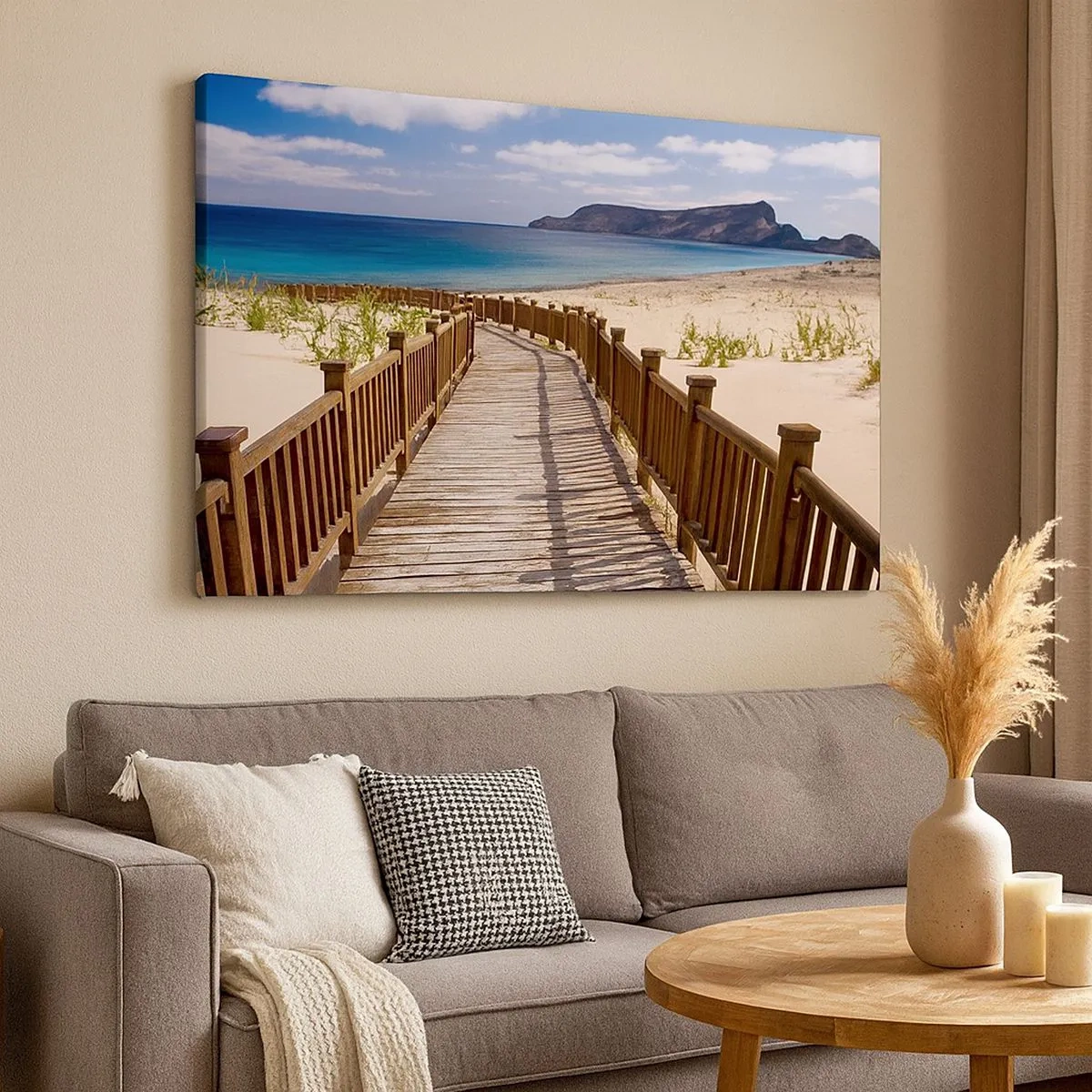 Schilderen op canvas - Houten pad naar het strand met uitzicht op de oceaan - 70x50cm - Neem me mee naar de gelukkige eilanden - Moderne wanddecoratie voor woonkamer en slaapkamer ARTTOR