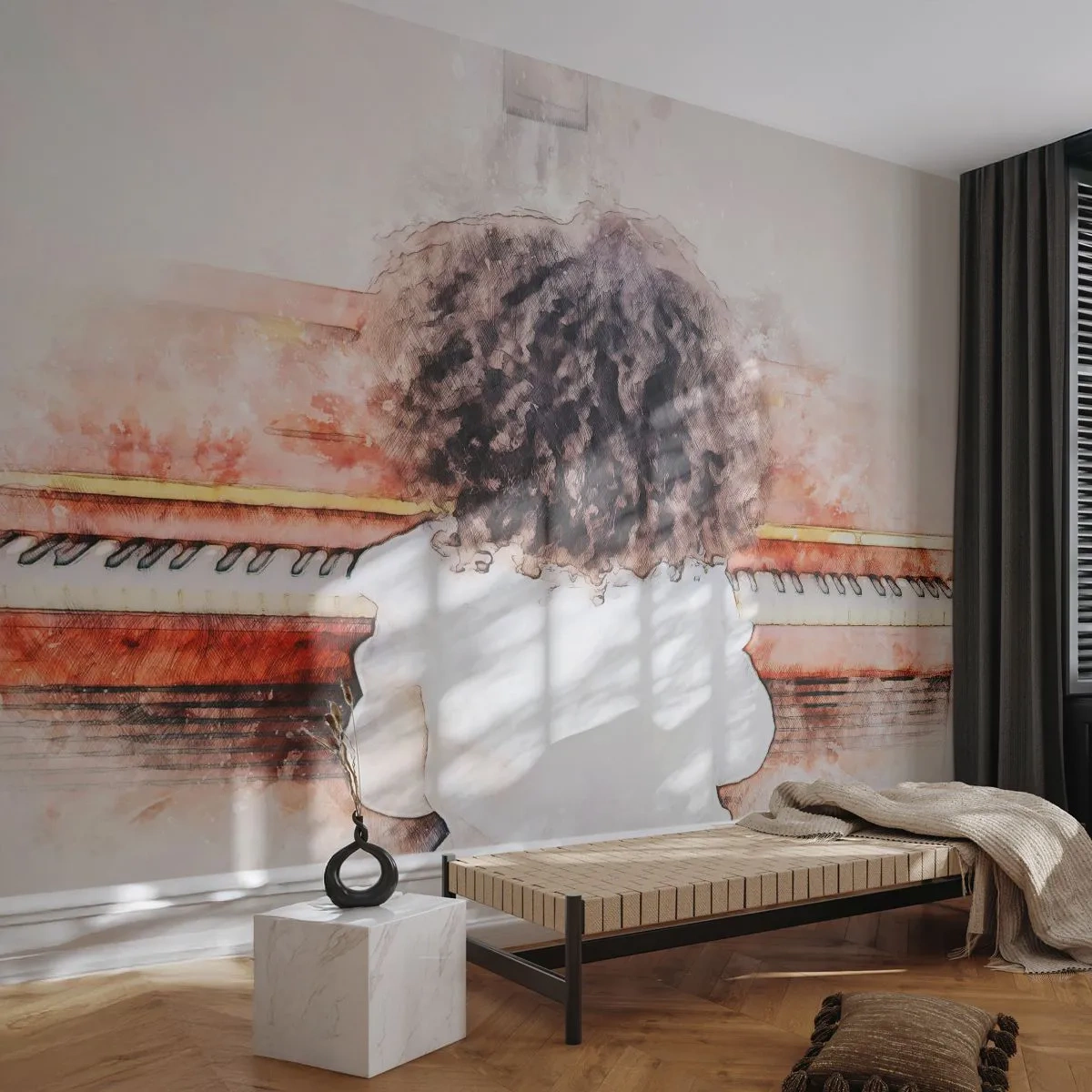 Fotobehang op maat Premium Sand - In de nieuwe wereld - Piano, Muziek, Musicus