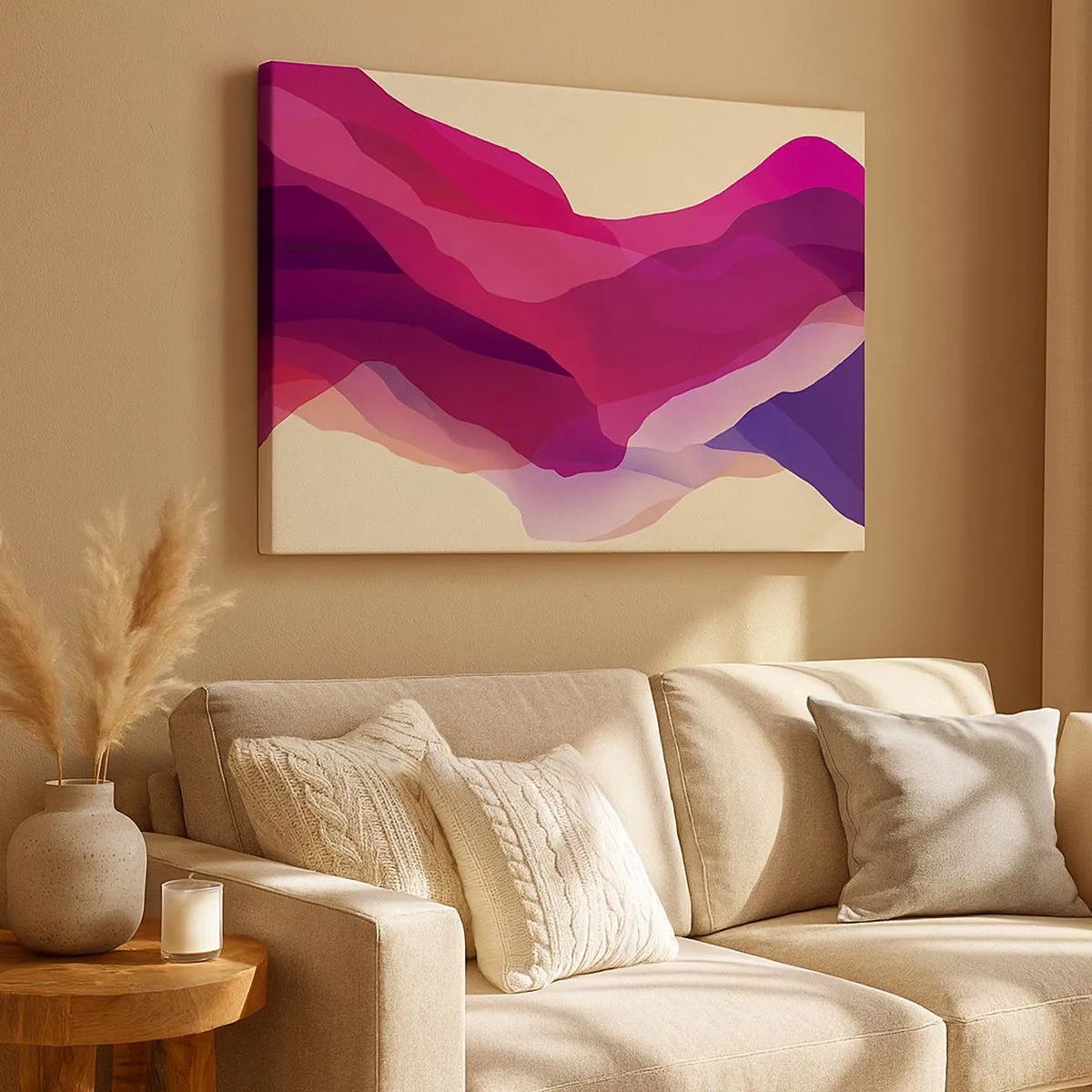 Schilderen op canvas - Abstracte golven in tinten paars en roze op een lichte achtergrond - 70x50cm - Paarse golven - Moderne wanddecoratie voor woonkamer en slaapkamer ARTTOR
