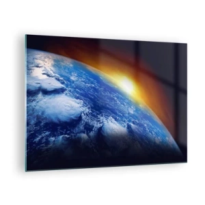 Schilderen op glas - Aarde in de ruimte verlicht door zonnestralen - 70x50cm - Zonsopgang boven de blauwe planeet - Moderne wanddecoratie voor woonkamer en slaapkamer ARTTOR