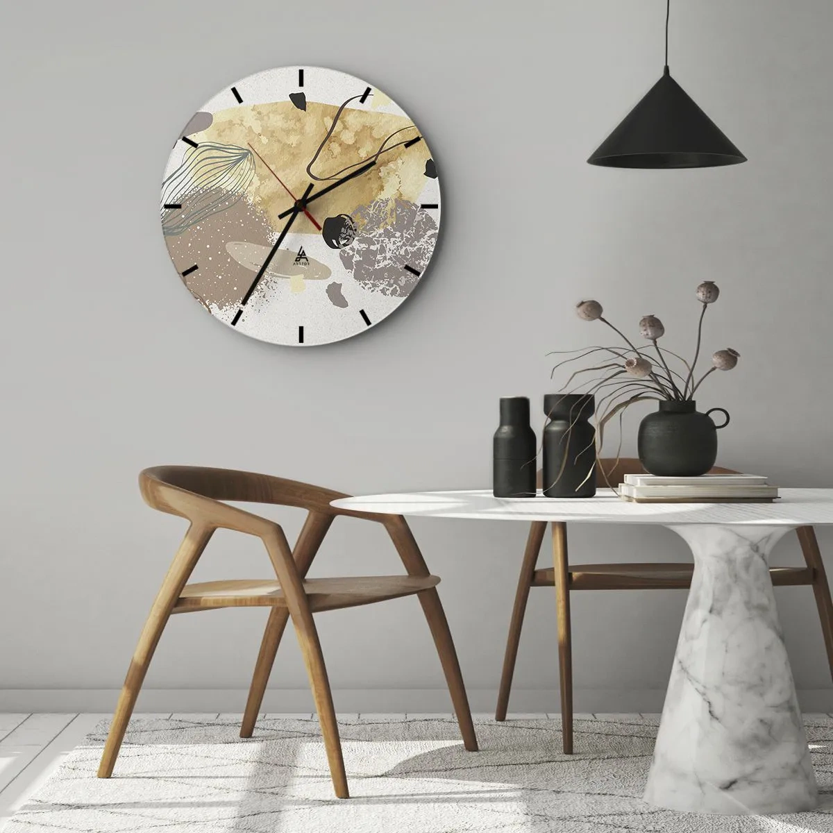 Wandklok - Klok - Artistieke abstractie in beige en bruine tinten - 30x30cm - Toegepaste plumcologie - Moderne wanddecoratie voor woonkamer, keuken en slaapkamer ARTTOR