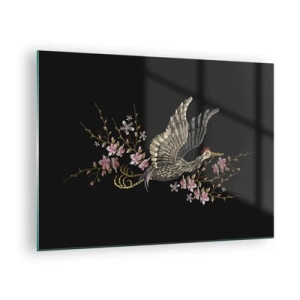 Schilderen op glas - Geborduurde vogel in vlucht met bloemen op de achtergrond op een donkere achtergrond - 70x50cm - Exotische geborduurde vogel - Moderne wanddecoratie voor woonkamer en slaapkamer ARTTOR