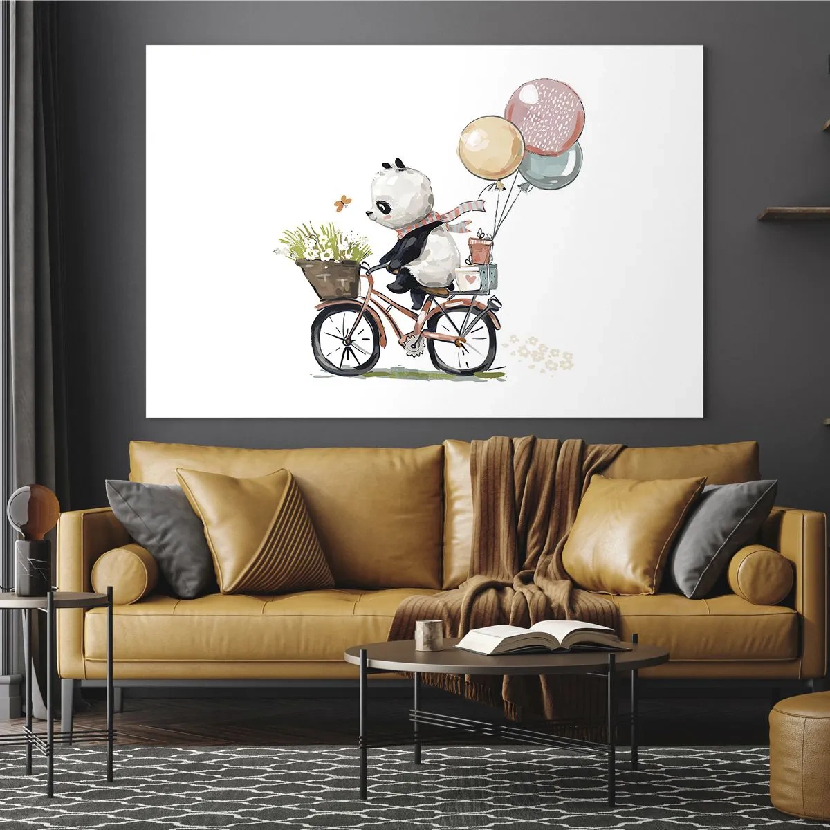 Schilderen op glas - Een panda op een fiets met ballonnen en een mand met bloemen. - 70x50cm - Vrolijke dag - Moderne wanddecoratie voor woonkamer en slaapkamer ARTTOR